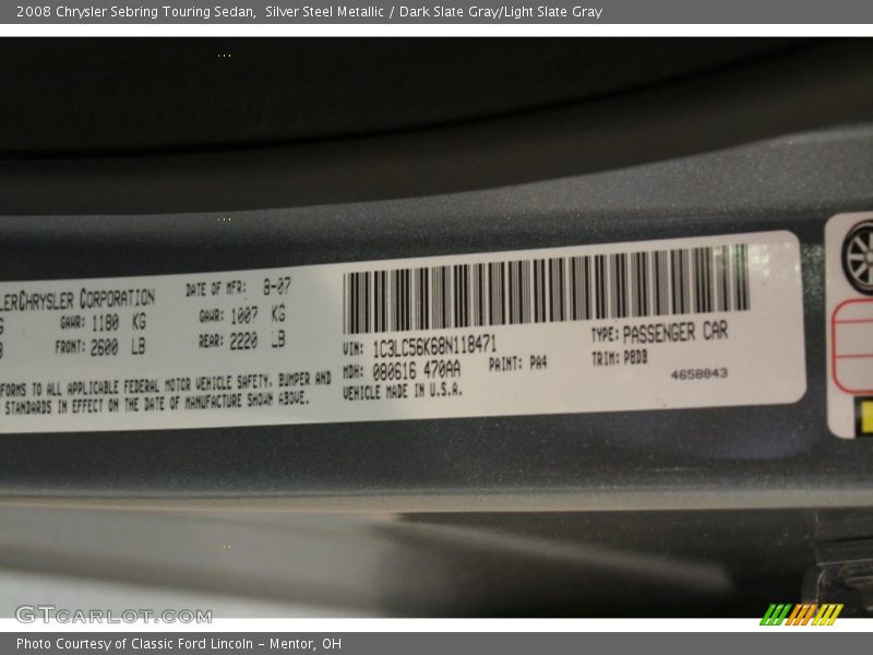 Silver Steel Metallic / Dark Slate Gray/Light Slate Gray 2008 Chrysler Sebring Touring Sedan