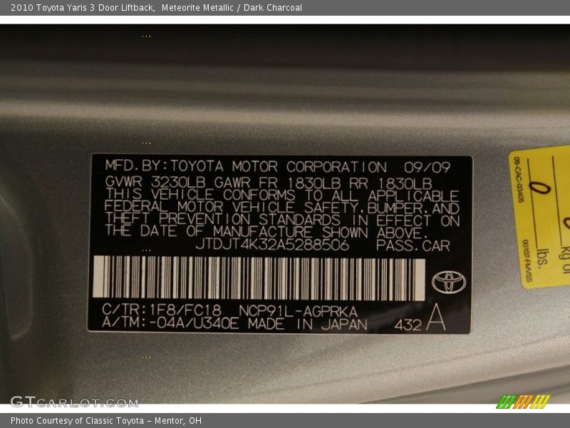 Meteorite Metallic / Dark Charcoal 2010 Toyota Yaris 3 Door Liftback