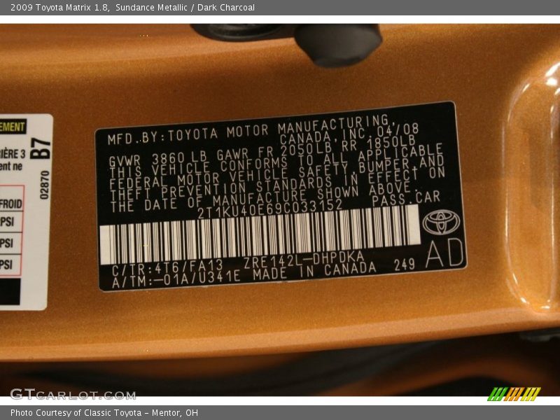 Sundance Metallic / Dark Charcoal 2009 Toyota Matrix 1.8