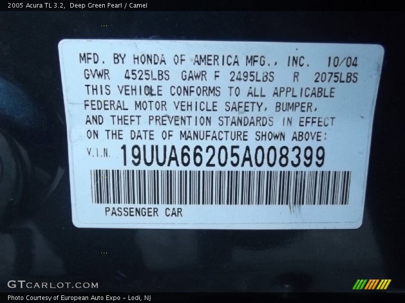 Deep Green Pearl / Camel 2005 Acura TL 3.2