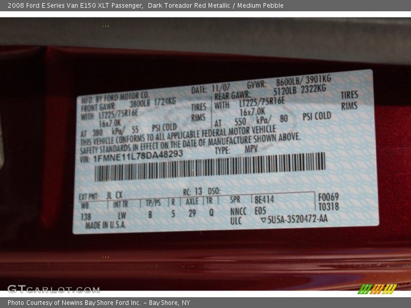 2008 E Series Van E150 XLT Passenger Dark Toreador Red Metallic Color Code JL