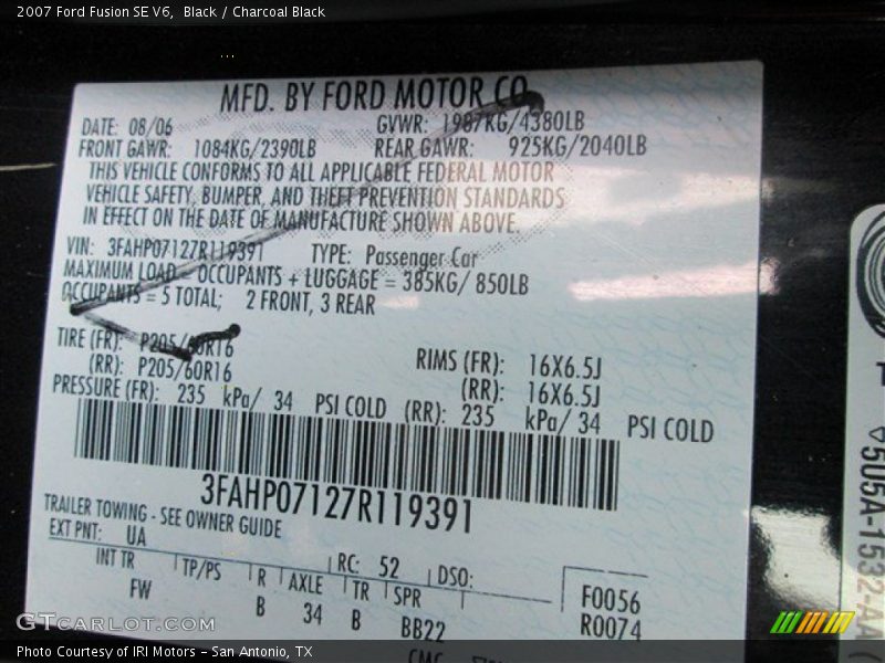 Black / Charcoal Black 2007 Ford Fusion SE V6
