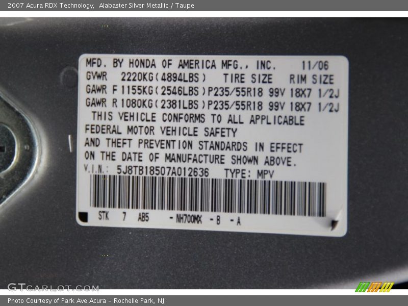 Alabaster Silver Metallic / Taupe 2007 Acura RDX Technology