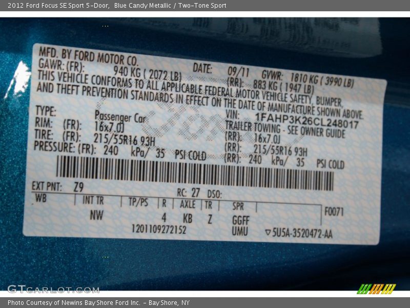 2012 Focus SE Sport 5-Door Blue Candy Metallic Color Code Z9