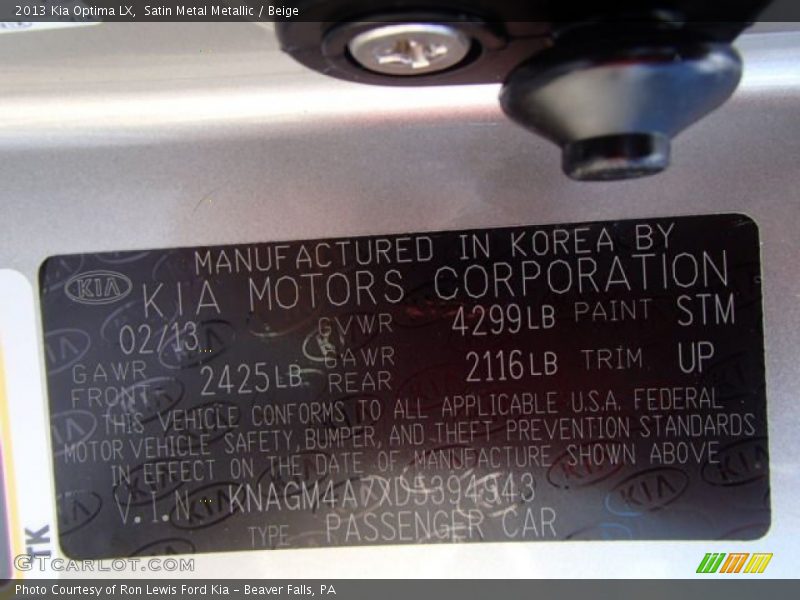 Satin Metal Metallic / Beige 2013 Kia Optima LX