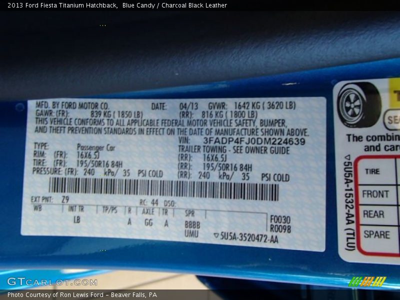 Blue Candy / Charcoal Black Leather 2013 Ford Fiesta Titanium Hatchback