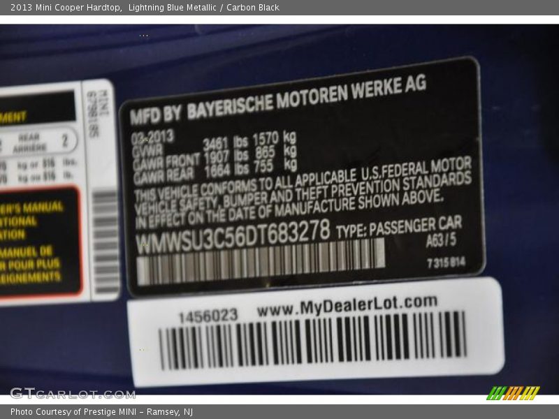 Lightning Blue Metallic / Carbon Black 2013 Mini Cooper Hardtop