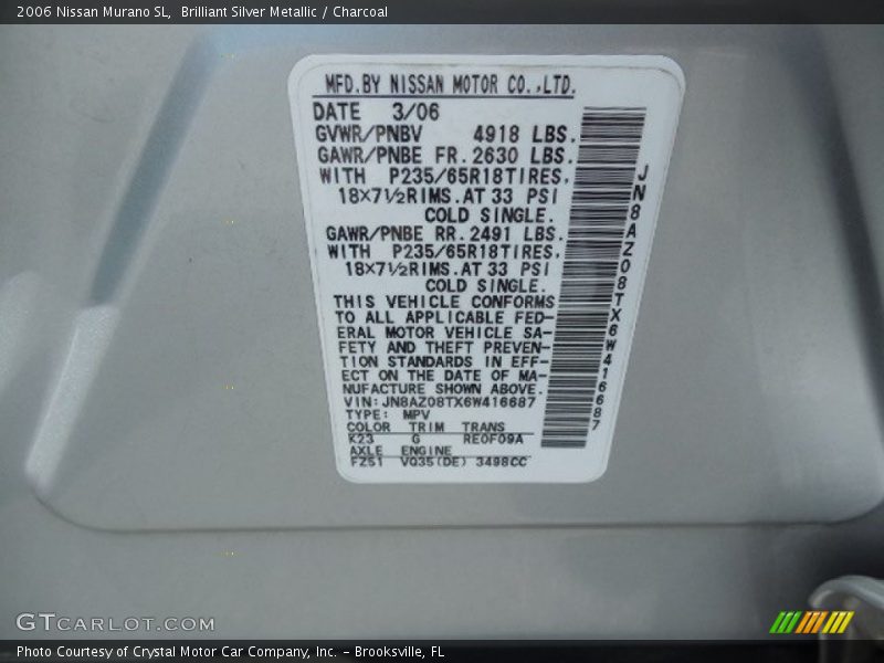 Brilliant Silver Metallic / Charcoal 2006 Nissan Murano SL