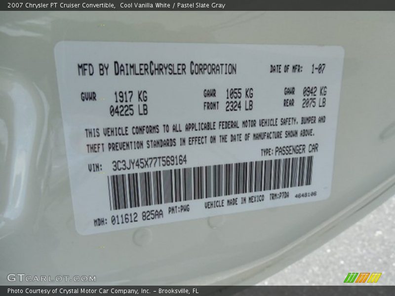 2007 PT Cruiser Convertible Cool Vanilla White Color Code PWG