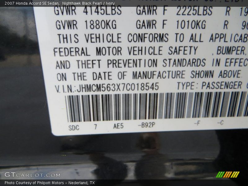 Nighthawk Black Pearl / Ivory 2007 Honda Accord SE Sedan