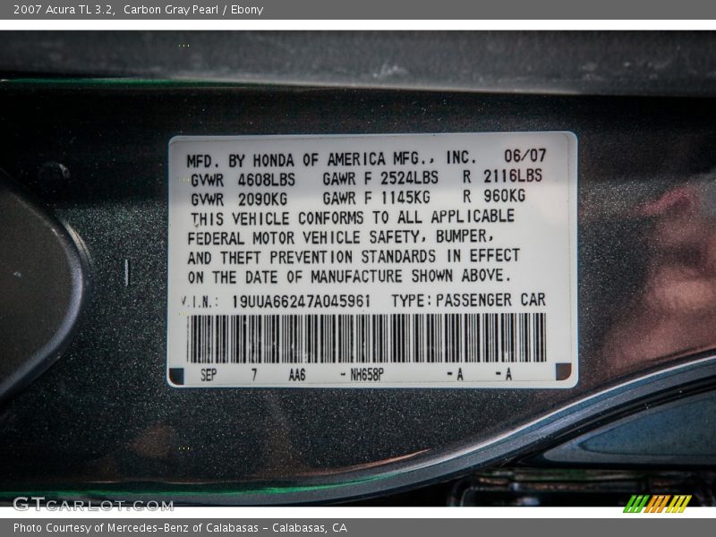2007 TL 3.2 Carbon Gray Pearl Color Code NH658P