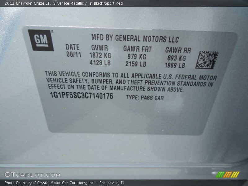 Silver Ice Metallic / Jet Black/Sport Red 2012 Chevrolet Cruze LT