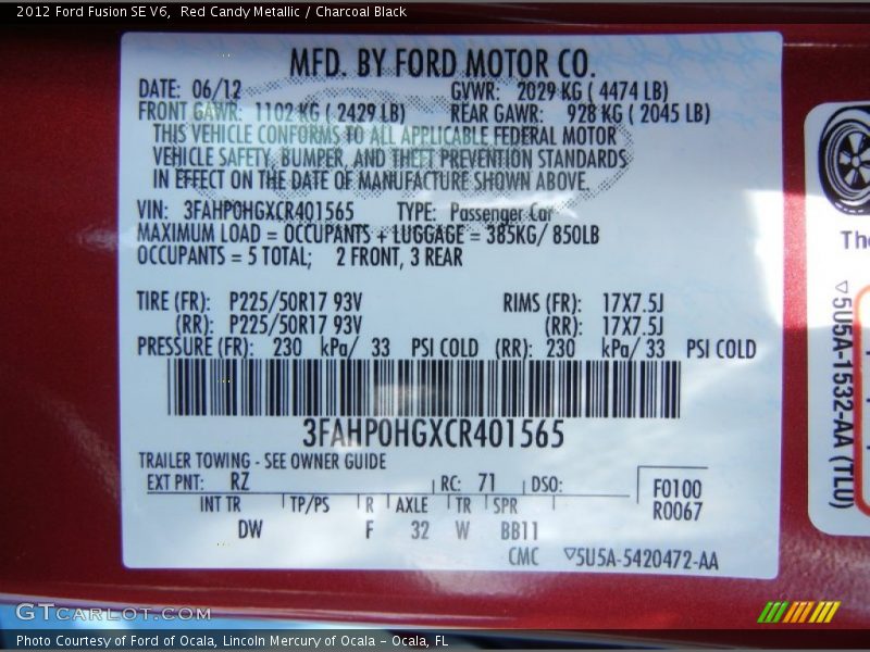 Red Candy Metallic / Charcoal Black 2012 Ford Fusion SE V6