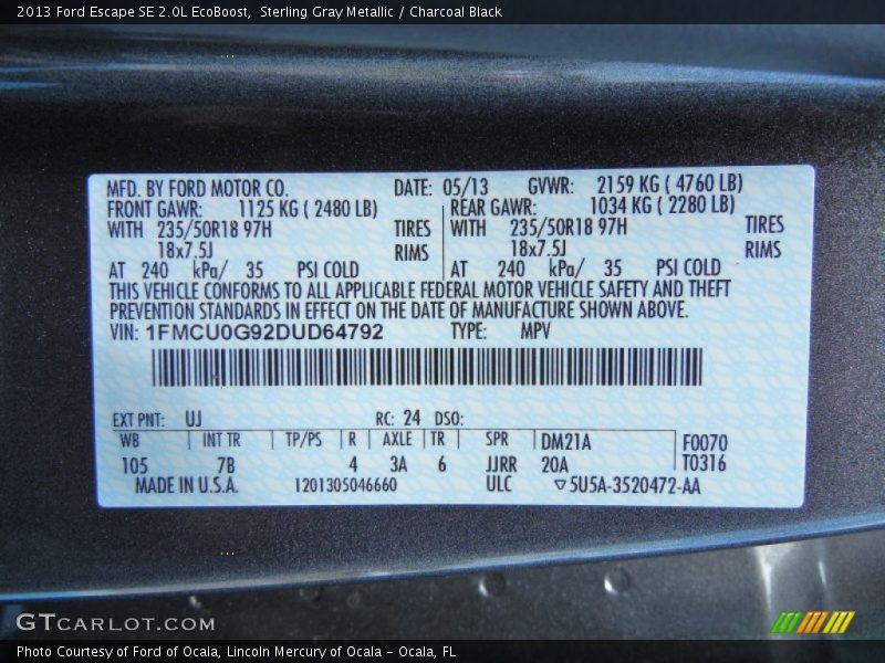 Sterling Gray Metallic / Charcoal Black 2013 Ford Escape SE 2.0L EcoBoost