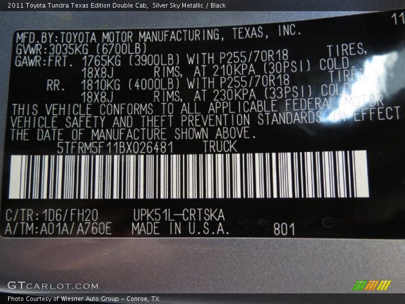 Silver Sky Metallic / Black 2011 Toyota Tundra Texas Edition Double Cab