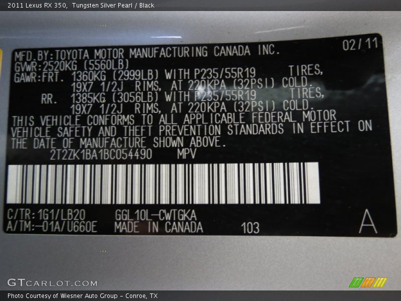 Tungsten Silver Pearl / Black 2011 Lexus RX 350