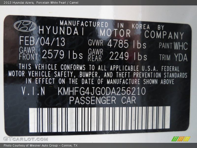 Porcelain White Pearl / Camel 2013 Hyundai Azera