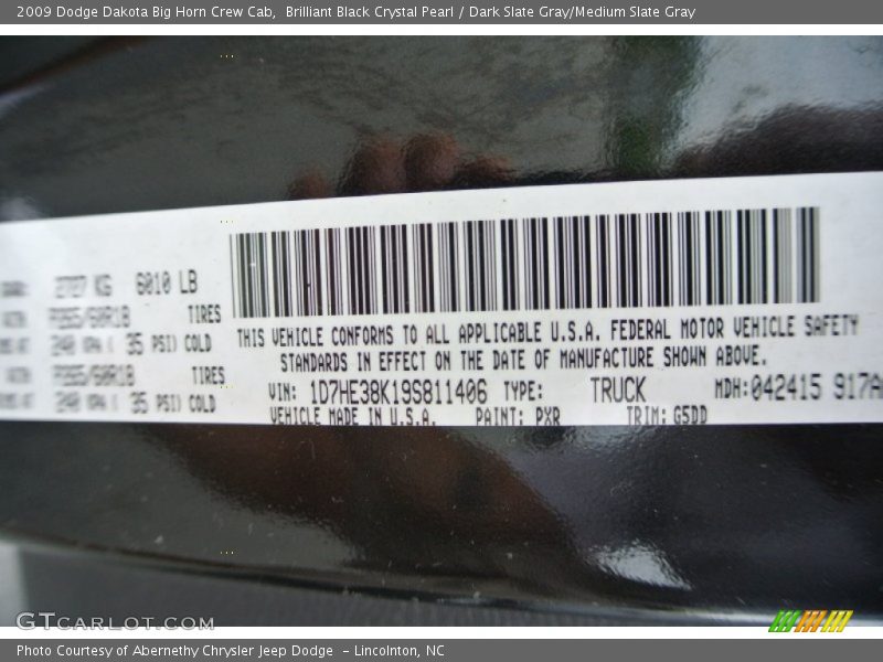 2009 Dakota Big Horn Crew Cab Brilliant Black Crystal Pearl Color Code PXR