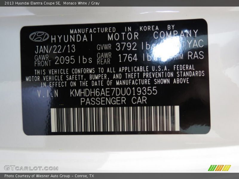 Monaco White / Gray 2013 Hyundai Elantra Coupe SE