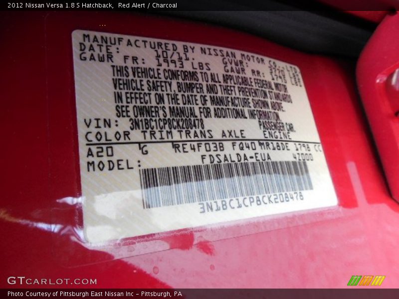 Red Alert / Charcoal 2012 Nissan Versa 1.8 S Hatchback