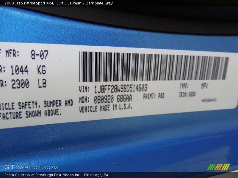 2008 Patriot Sport 4x4 Surf Blue Pearl Color Code PQD
