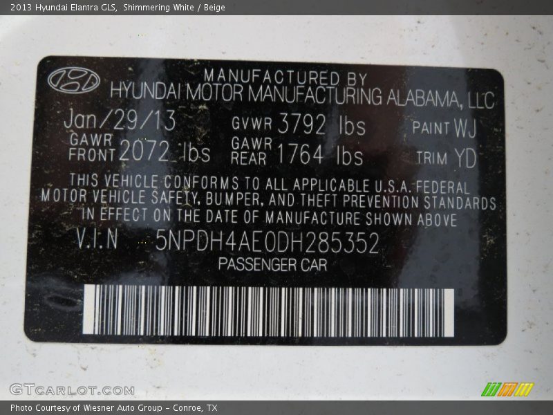 Shimmering White / Beige 2013 Hyundai Elantra GLS