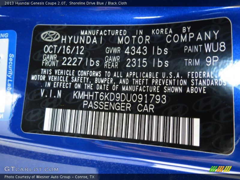 2013 Genesis Coupe 2.0T Shoreline Drive Blue Color Code WU8