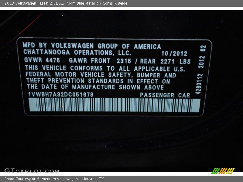 Night Blue Metallic / Cornsilk Beige 2013 Volkswagen Passat 2.5L SE