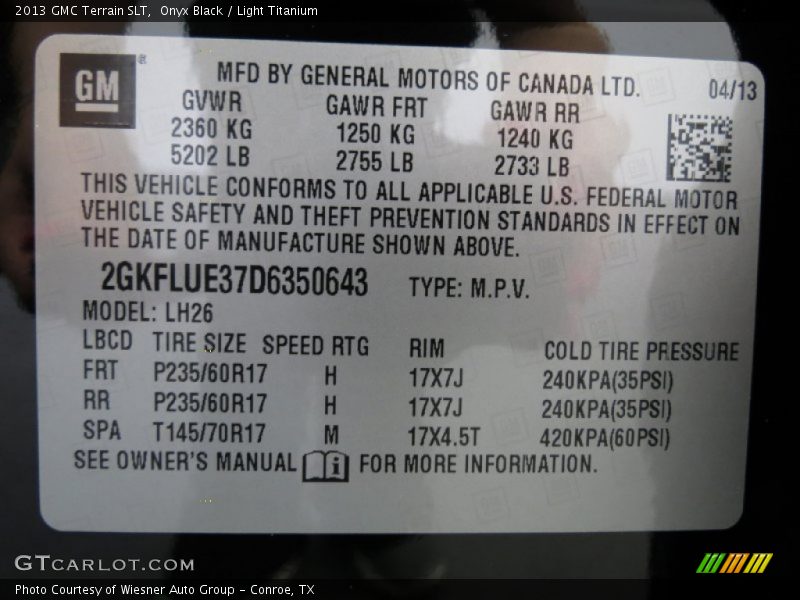Info Tag of 2013 Terrain SLT