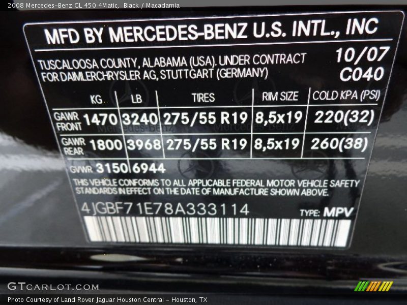 2008 GL 450 4Matic Black Color Code 040