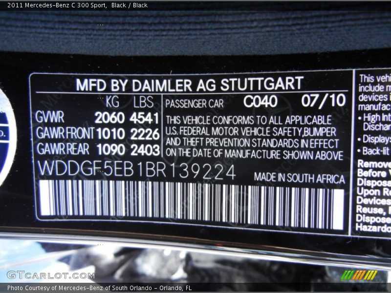 2011 C 300 Sport Black Color Code 040