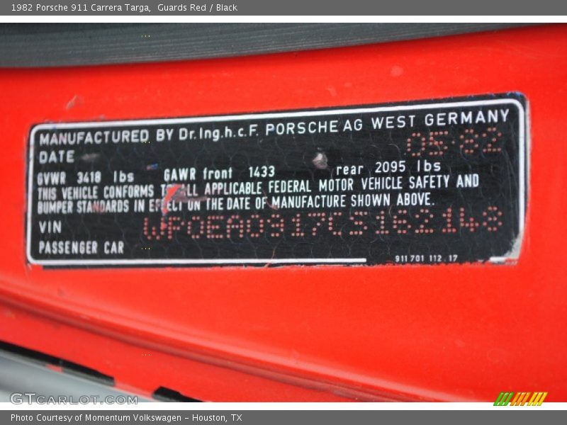 Info Tag of 1982 911 Carrera Targa