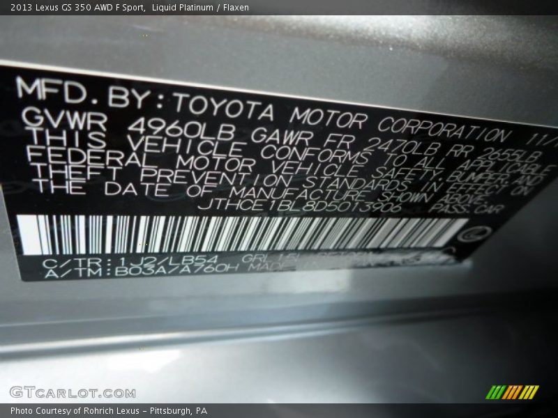 2013 GS 350 AWD F Sport Liquid Platinum Color Code 1J2