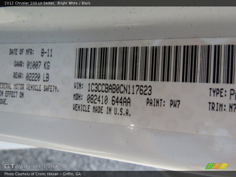 2012 200 LX Sedan Bright White Color Code PW7