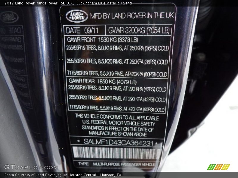 Info Tag of 2012 Range Rover HSE LUX