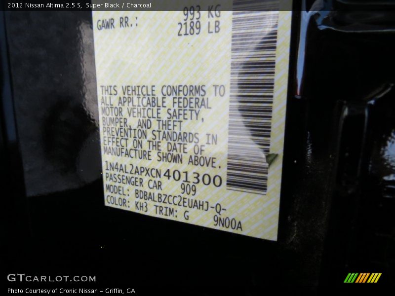 Super Black / Charcoal 2012 Nissan Altima 2.5 S