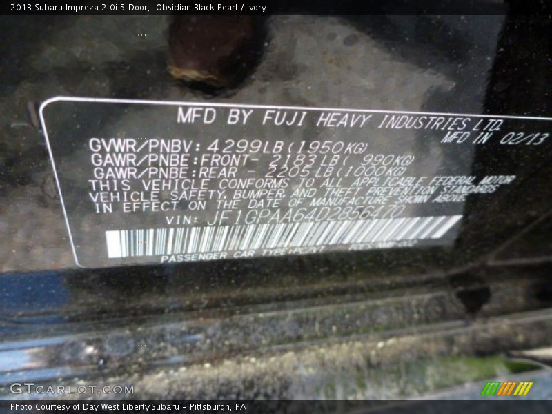 Obsidian Black Pearl / Ivory 2013 Subaru Impreza 2.0i 5 Door