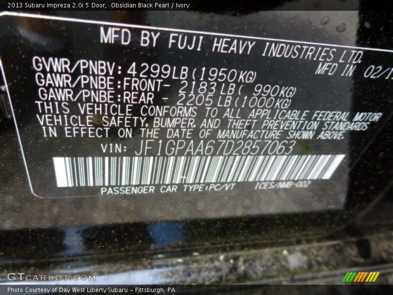 Obsidian Black Pearl / Ivory 2013 Subaru Impreza 2.0i 5 Door
