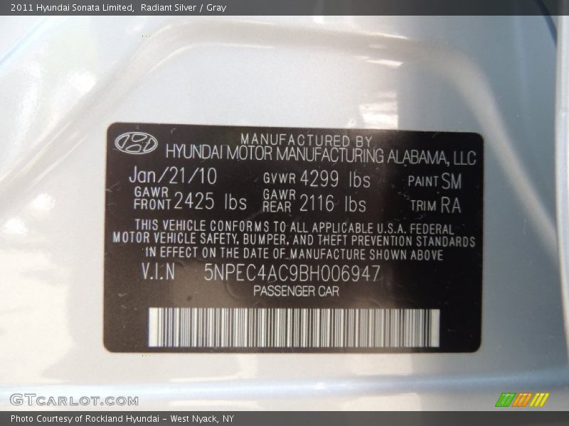 Radiant Silver / Gray 2011 Hyundai Sonata Limited