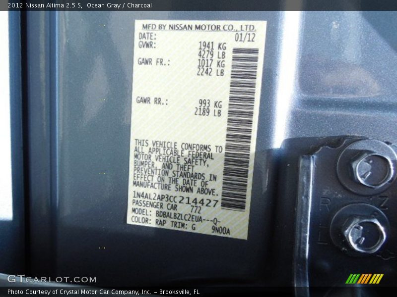 Ocean Gray / Charcoal 2012 Nissan Altima 2.5 S