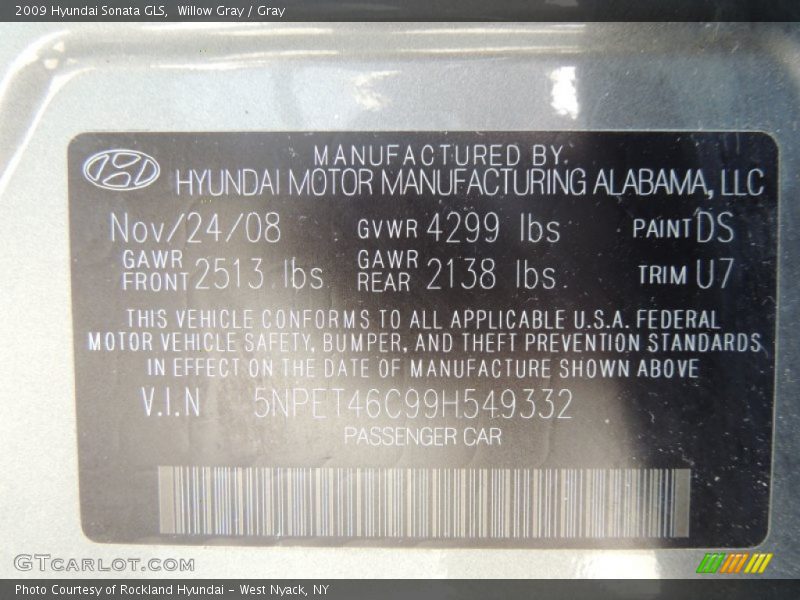 Willow Gray / Gray 2009 Hyundai Sonata GLS