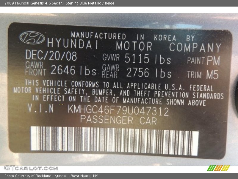 2009 Genesis 4.6 Sedan Sterling Blue Metallic Color Code PM