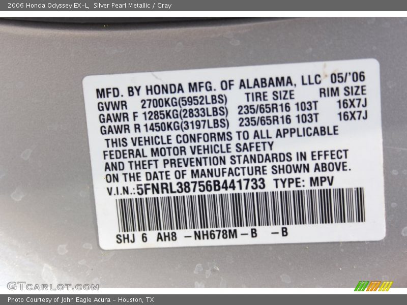 Silver Pearl Metallic / Gray 2006 Honda Odyssey EX-L