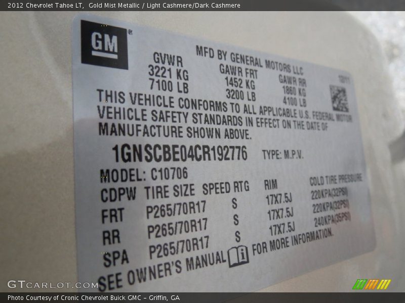 Gold Mist Metallic / Light Cashmere/Dark Cashmere 2012 Chevrolet Tahoe LT
