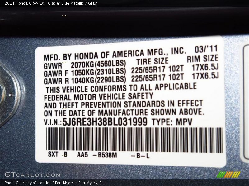 Glacier Blue Metallic / Gray 2011 Honda CR-V LX