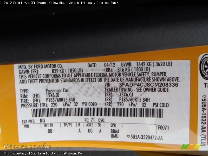 2012 Fiesta SEL Sedan Yellow Blaze Metallic Tri-coat Color Code NQ