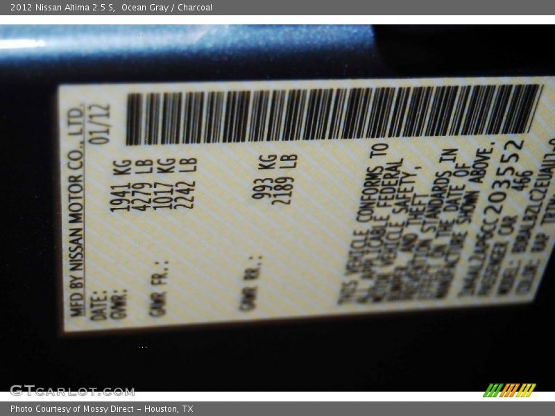 Ocean Gray / Charcoal 2012 Nissan Altima 2.5 S