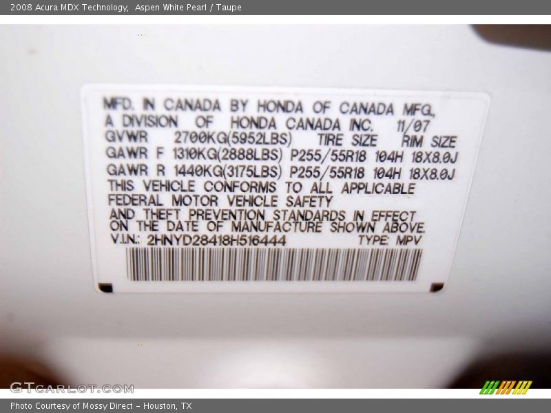 Aspen White Pearl / Taupe 2008 Acura MDX Technology