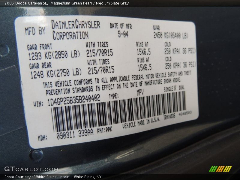 2005 Caravan SE Magnesium Green Pearl Color Code PPK