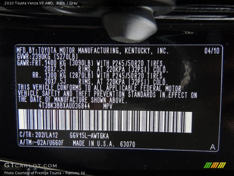 Black / Gray 2010 Toyota Venza V6 AWD